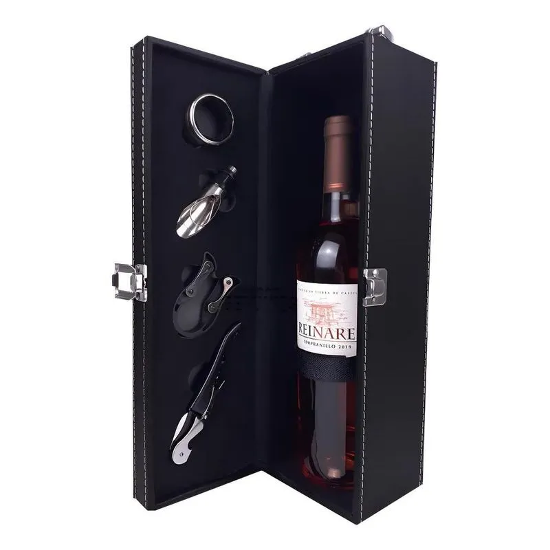 Maleta Porta Vinho Executiva Couro Pu Com 4 Acessórios Preto