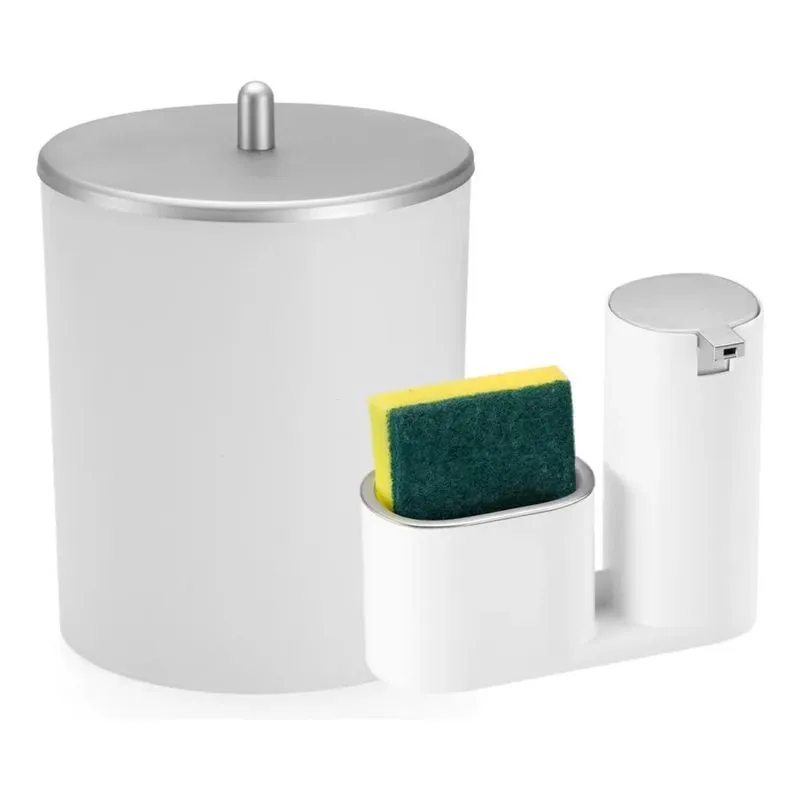 Kit Lixeira Cozinha 5l E Dispenser Porta Dete Branco Prata