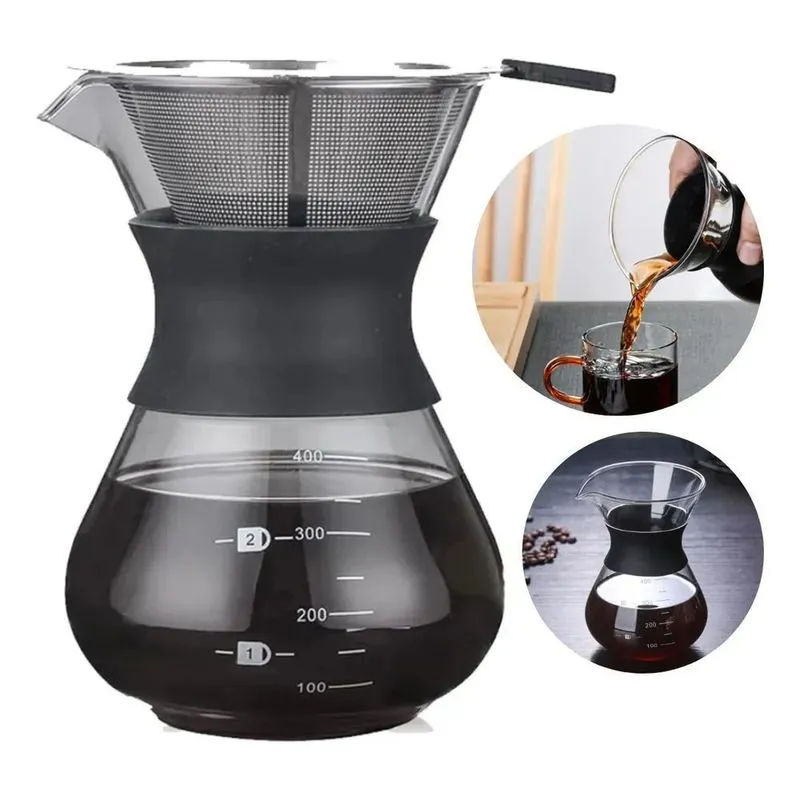 Cafeteira Vidro Coador Café Aço Inox Anel Silicone 400 Ml
