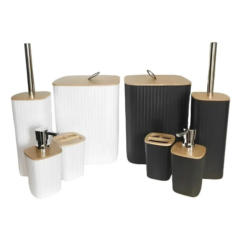 Kit Banheiro Lixeira Porta Escova 4 Peças Tampa Bambu Cor Pr