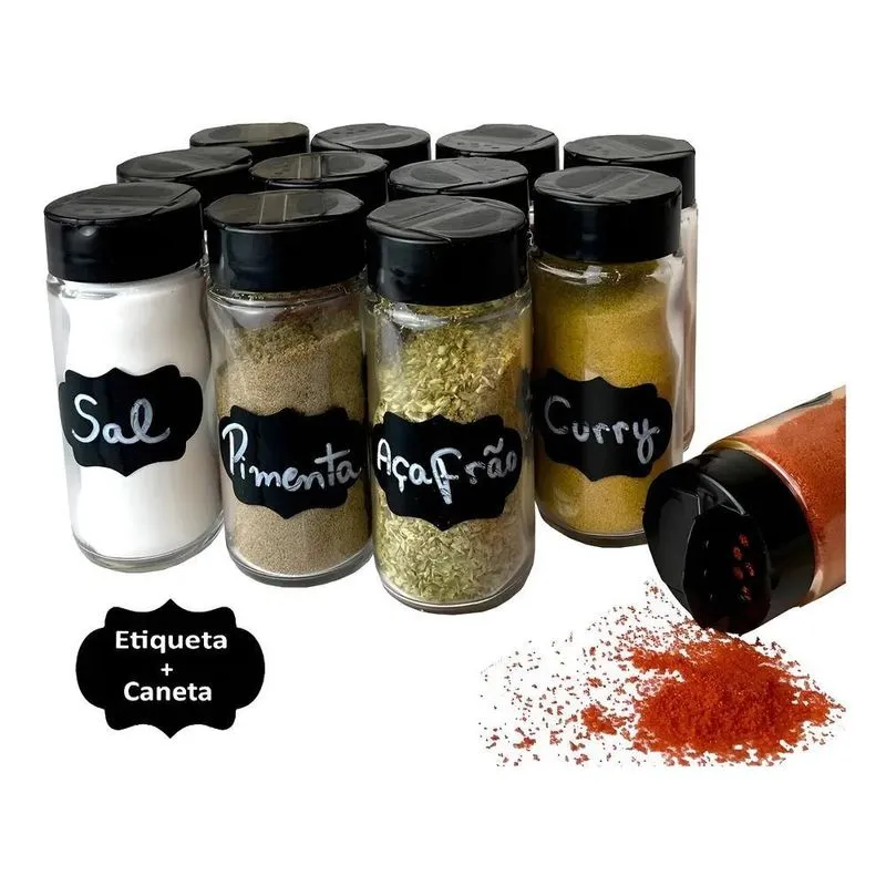 Kit 12 Pote 100ml P/Tempero C/Tampa Dosadora Dupla+Etiqueta
