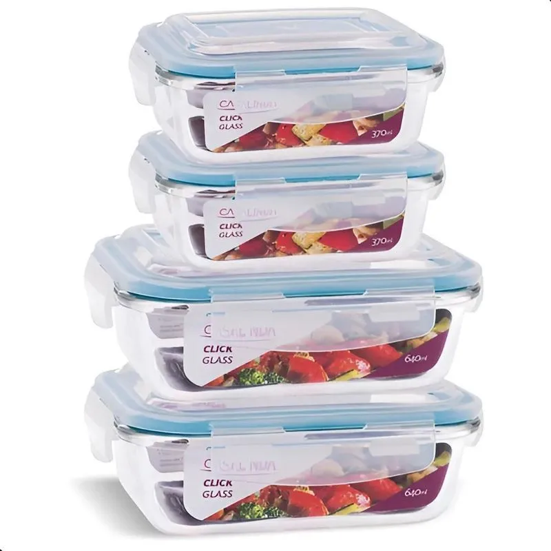 Conjunto 4 Potes Hermético Vidro 370ml 640ml Marmita Fitness
