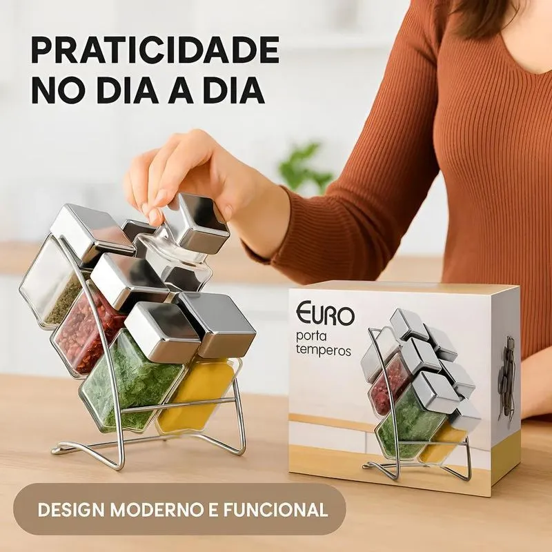 Porta Tempero Com Suporte 6pçs Inox E Vidro Euro Home
