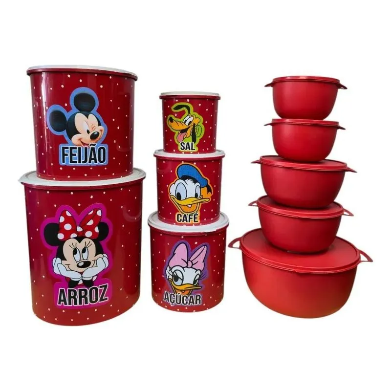 Jogo De Mantimentos Mickey C/5 + Jogo C/5 Potes P Vermelho