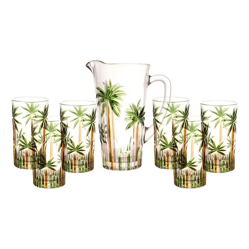 Conjunto Jarra Com 6 Copos Cristal Palm Tree Handpaint Wolff