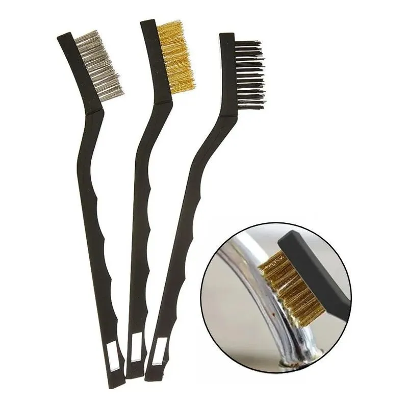 5x Jogo 3 Mini Escovas Cerdas Aco Latao E Nylon, Cabo Plasti