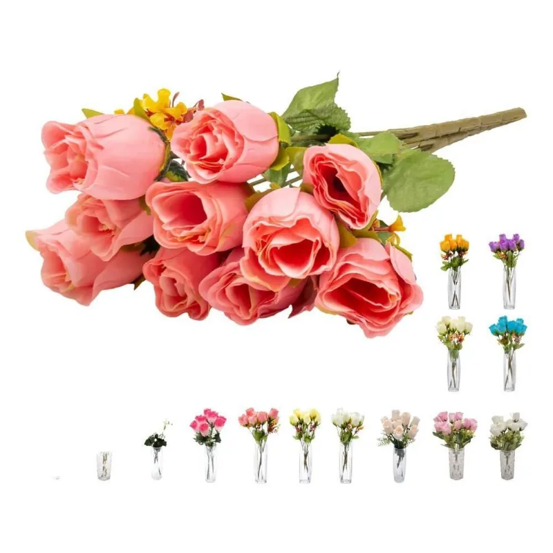 40 Botão Rosa 8 Buques Flor Artificial