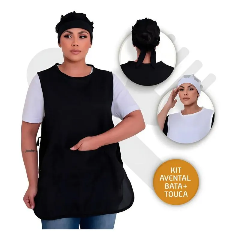 Kit Com Bata Avental E Touca Redinha Leve Cozinha Unif Preto