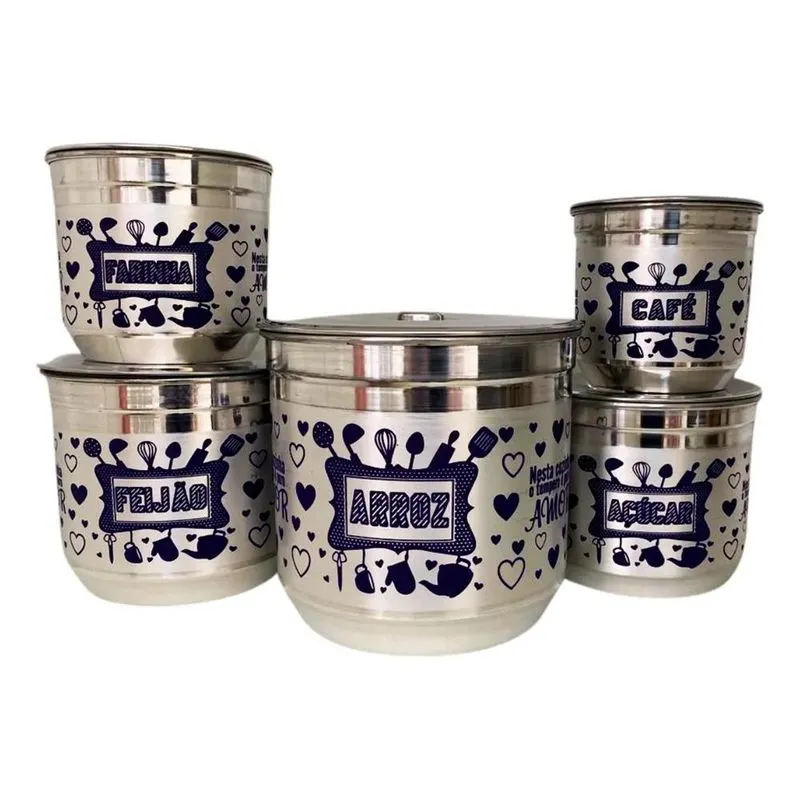 Conjunto Mantimentos Alumínio Pote Kit Jogo Decorado 5 Pe Ro