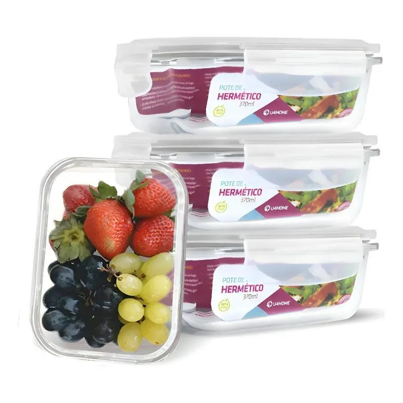 Conjunto Kit 4 Potes Vidro Hermético Marmita Fitness 370ml C