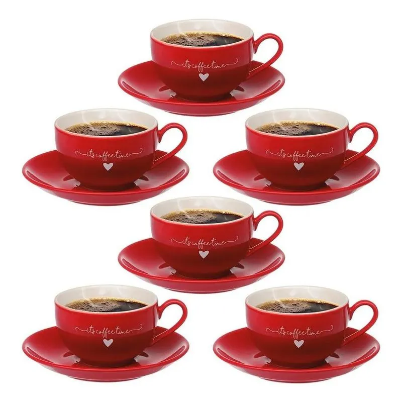 Jogo De 6 Xícaras Chá L Amour Em Porcelana Com Pires Vermelho