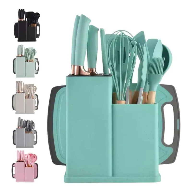 Conjunto Colheres Silicone Cabo Madeira Utensílios Coz Verde
