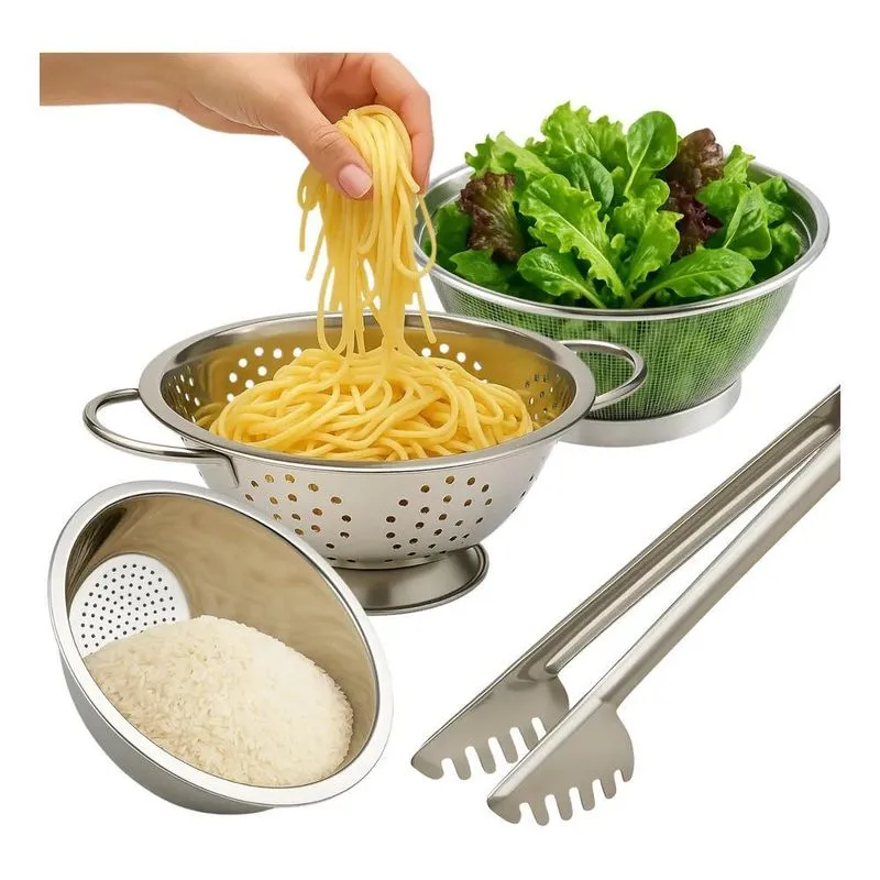 Kit 4 Peças Cozinha Escorredor Massas Arroz Pegador Peneira