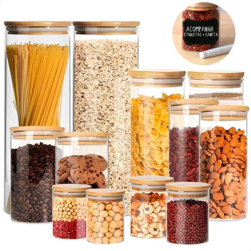 Kit 12 Potes Herméticos De Vidro Com Tampa De Bambu Inclui