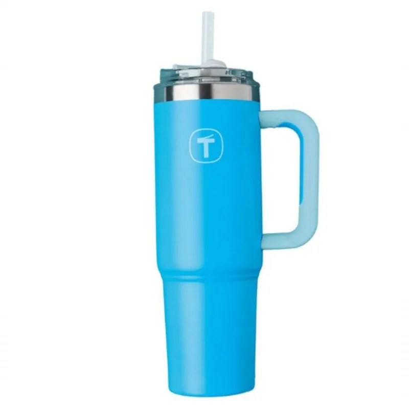 Tupperware Copo Térmico Big T Grécia Azul 1,1L em Aço Inox com Canudo Removível