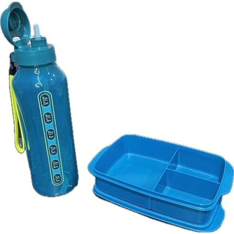 Kit 2 Peças Marmiteira e Garrafa com Divisória Plástico Canudo Flexível Tupperware 1L 1,2L
