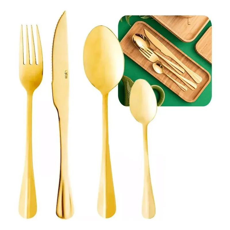 Jogo De Talheres Mesa 24 Pçs Aço Inox Positano Dourado Lyor
