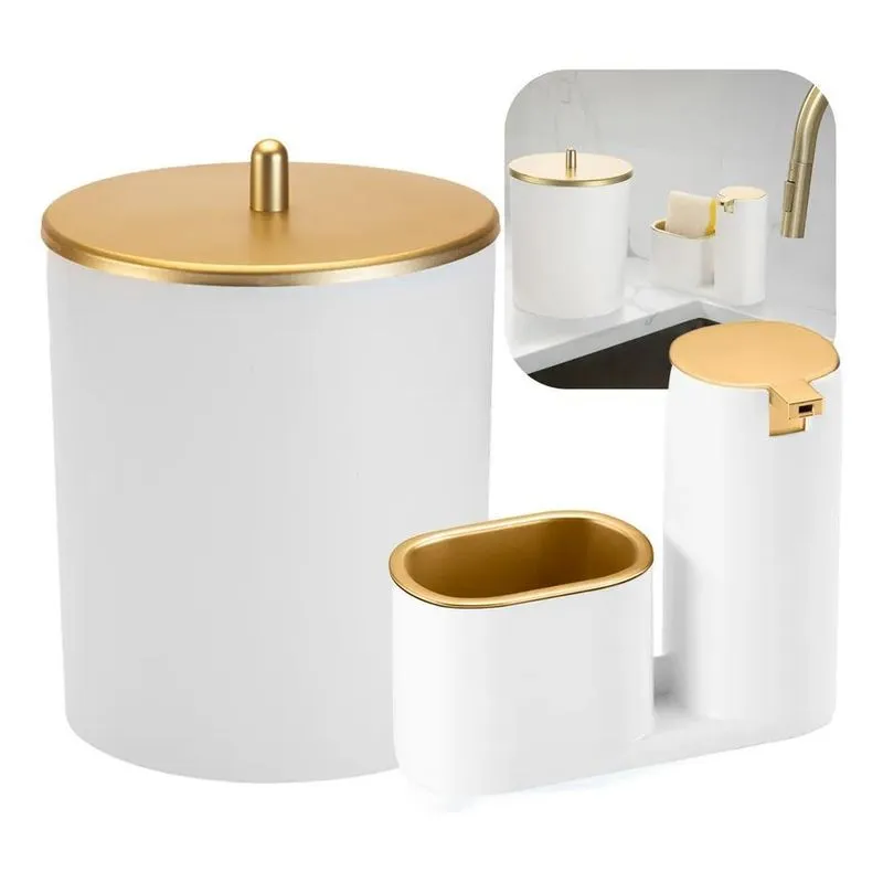 Kit Lixeira E Dispenser Porta Sabonete Liquido Branco/doura