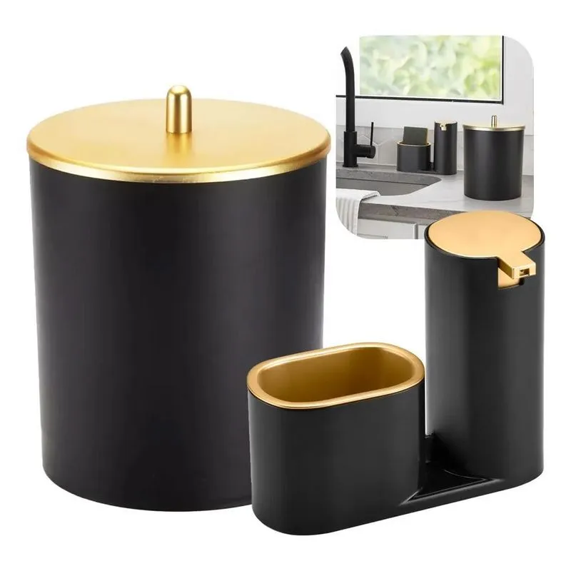 Kit Lixeira E Dispenser Porta Sabonete Liquido P Preto/doura