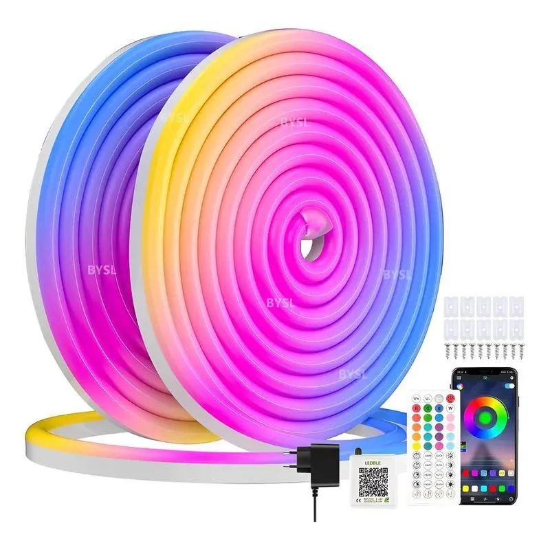 Fita Led Neon 10m Rgb Bluethooth Prova D'água Controle Fonte
