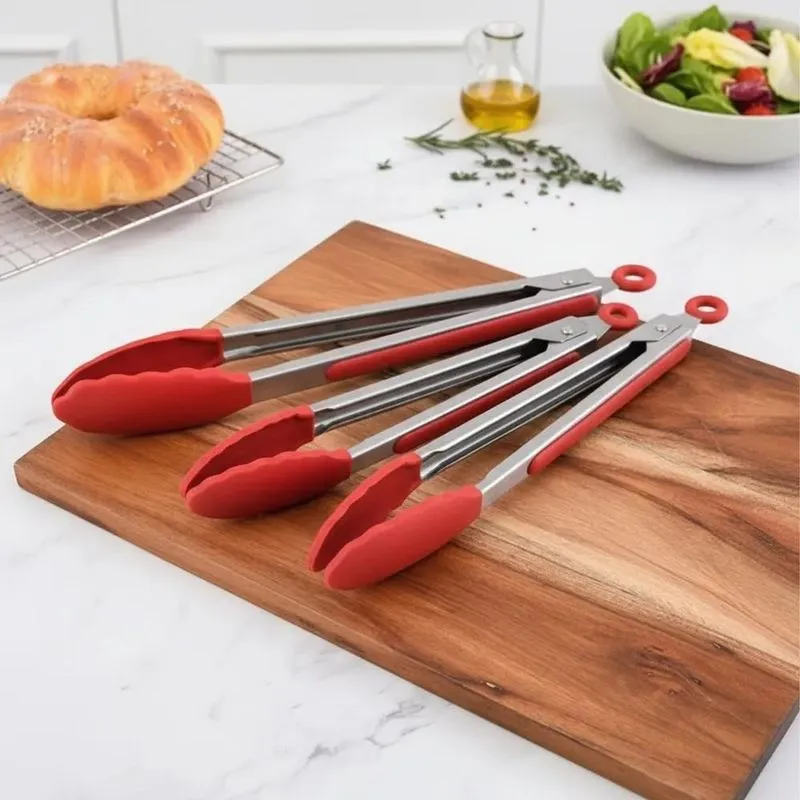 Kit 3 Pegador Pinças Silicone Inox Churrasco Salada Vermelh