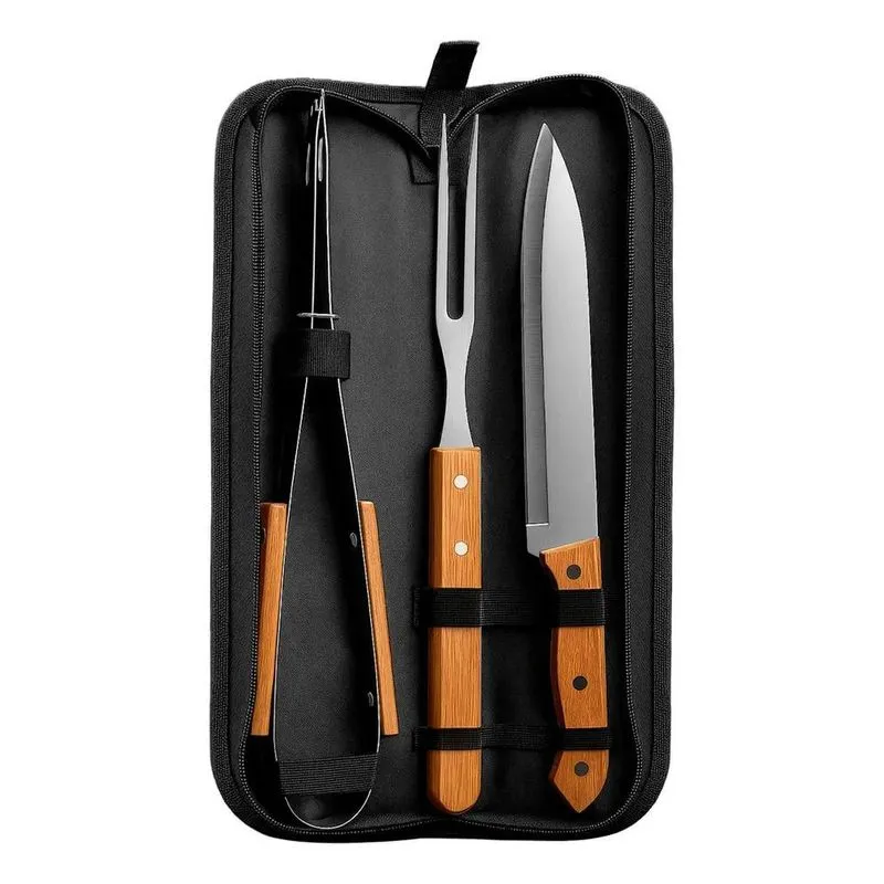 Kit Jogo De Churrasco Faca Pegador Utensílios C/bolsa