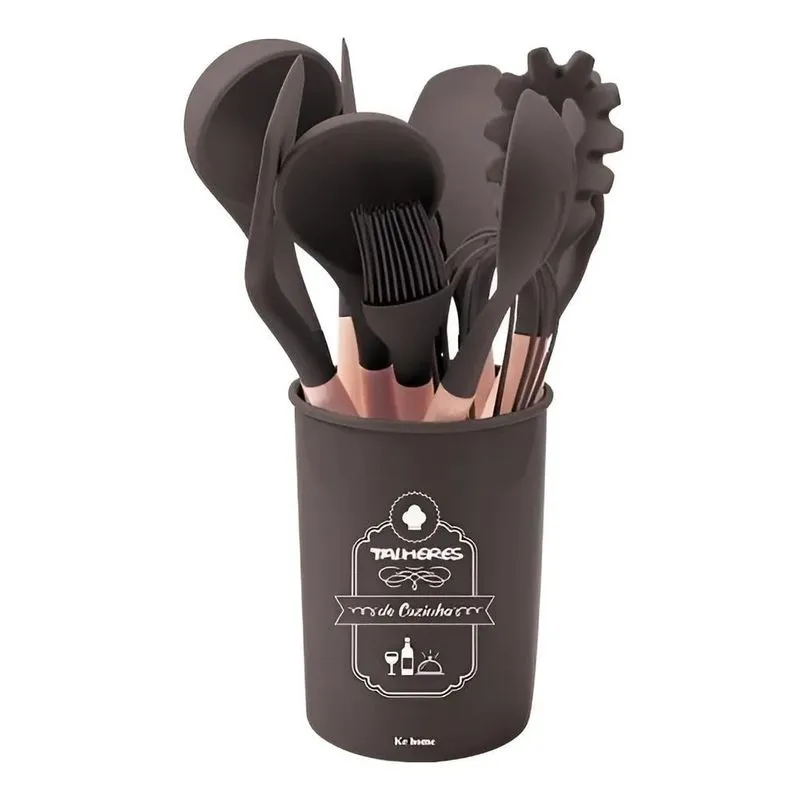 Kit 12 Peças Talheres De Silicone + Balde Utensílios Cozinha