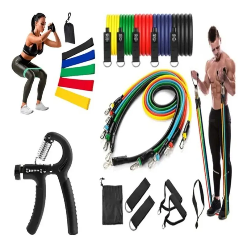 Kit 11 Elastico Exercicio + 5 Mini Band +hand Grip Ajustavel