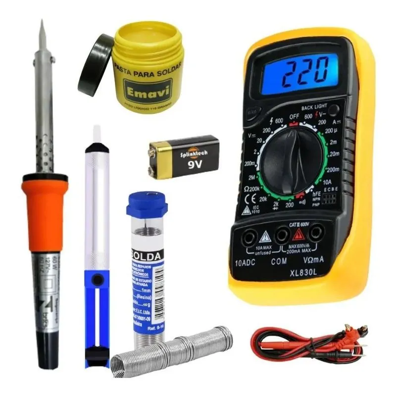 Kit Ferro De Solda Eletrônica Pasta Sugador Multímetro Beep