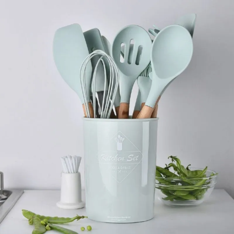 Kit c/ 12 Utensílios Cozinha Silicone Cabo Madeira Sortidos