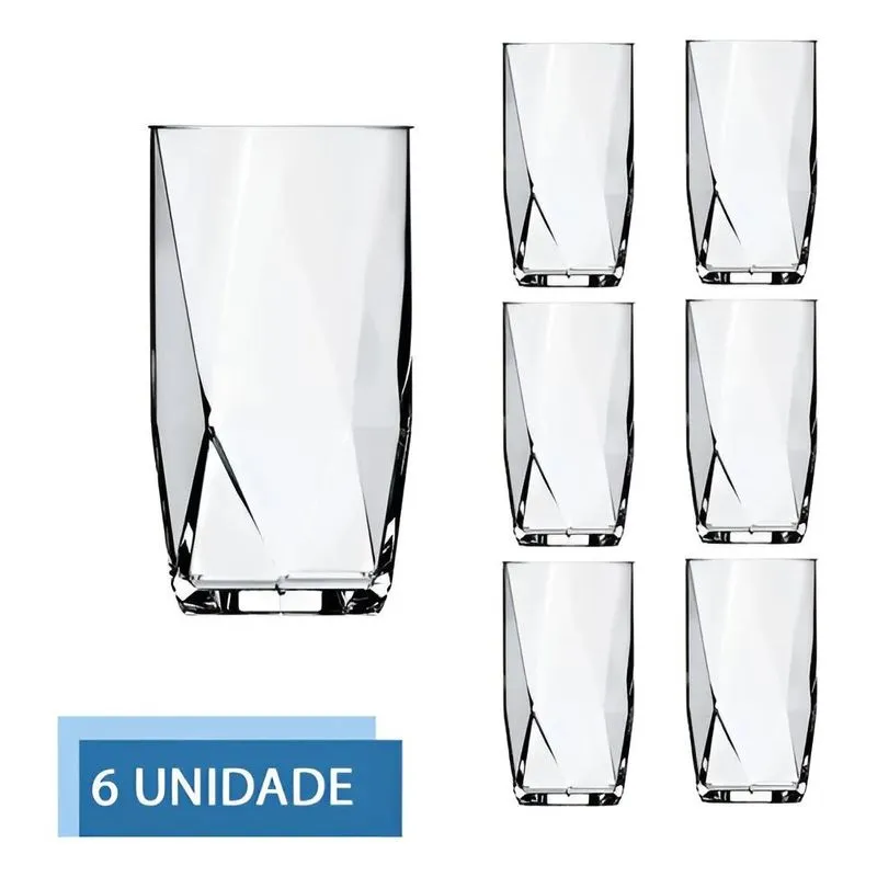 Jogo 6 Copos De Vidro Transparente 360ml Topazio Long Drink