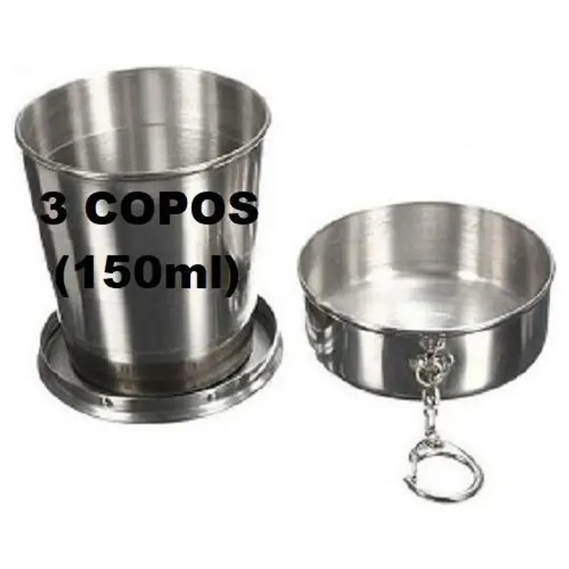 Kit 3 Chaveiro De Copo Retrátil Dobrável De Aço Inox 1 Prata