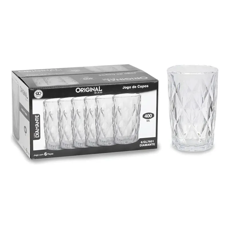 Jogo 6 Copos Altos Vidro Diamond 400ml Diamante Resistente