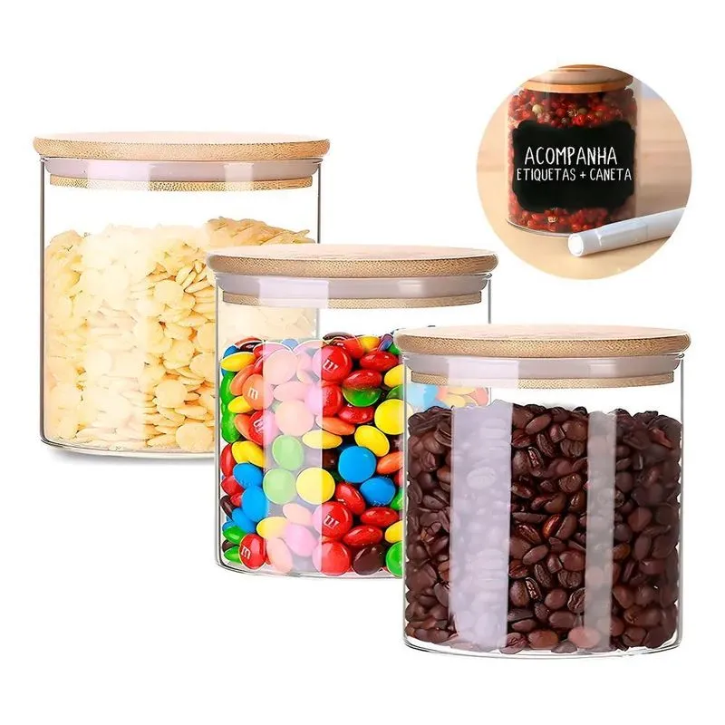 Kit De 3 Potes Herméticos Vidro Tampa Bambu 600ml 4fitness