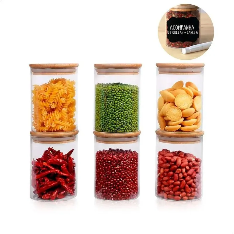 Kit De 6 Potes Herméticos Vidro Tampa Bambu 250ml - Sem Cor