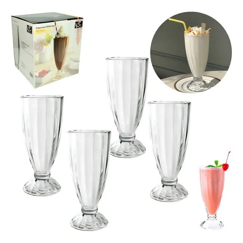 4 Taças Vidro Milkshake Vitamina Copo Haste Decorado 330ml C