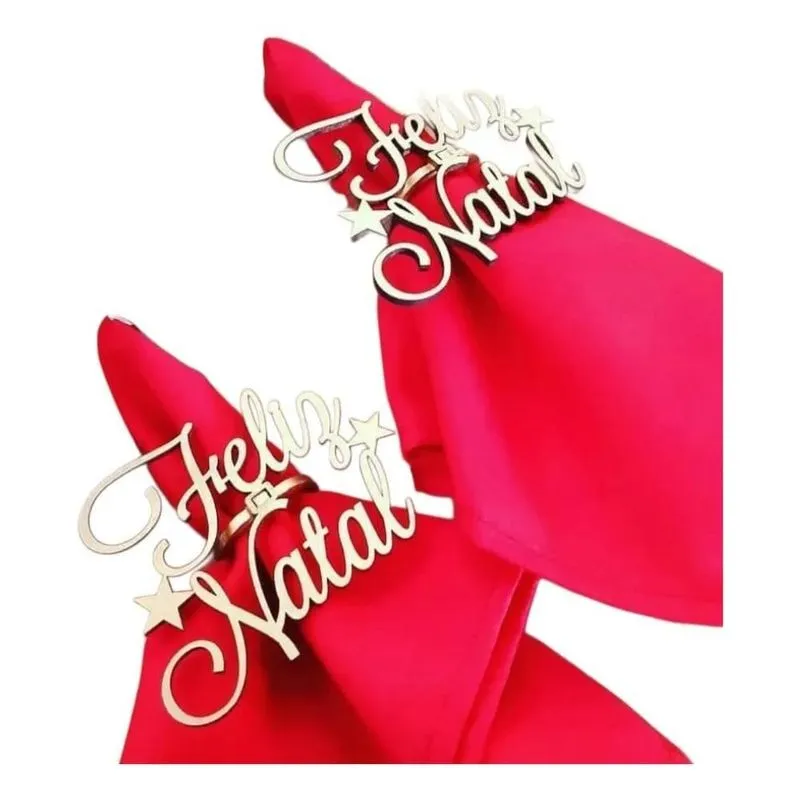 Anel Porta Guardanapos Feliz Natal Mdf - Dourado 8 Peças