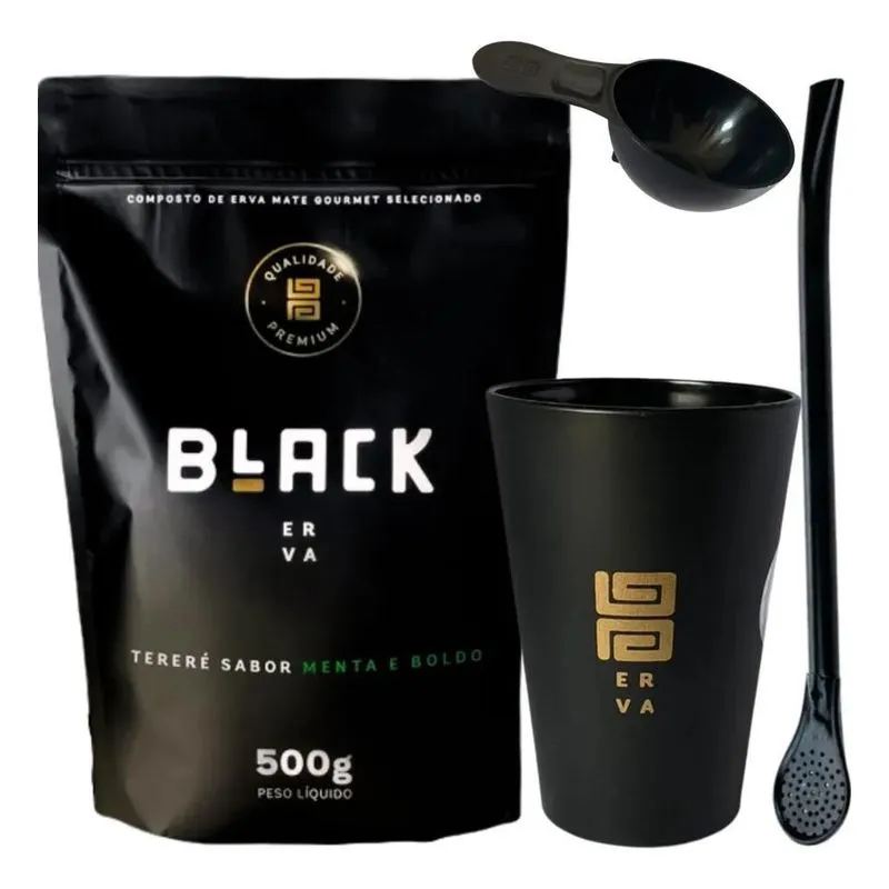 Kit Tereré Black Erva Cuia E Bomba Preta + Erva Menta E Bol