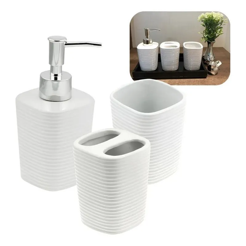 Kit Acessórios Banheiro Lavabo Cerâmica Branca 3 Peças Cor B
