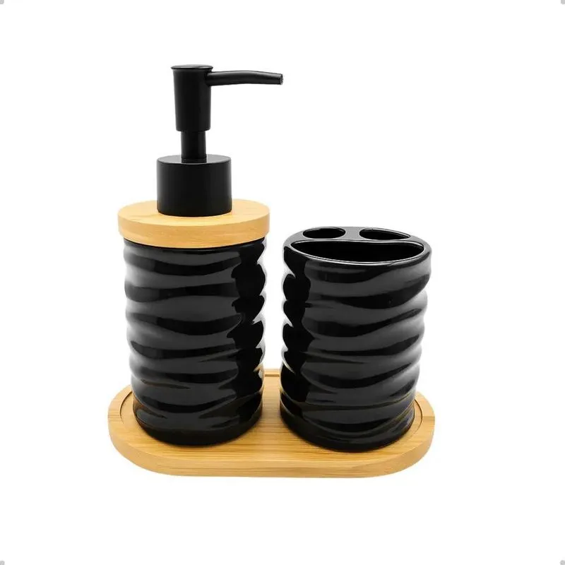 Kit Banheiro Lavabo Preto Branco Cerâmica Preto - Fj90553