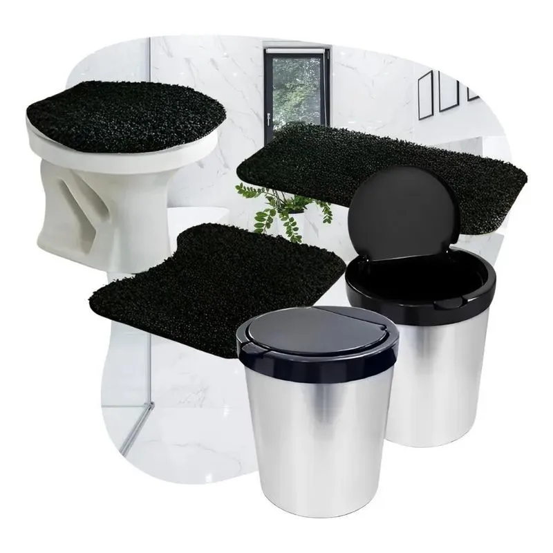 Conjunto Banheiro 3 Peças Tapete Jogo Banheiro + Lixeira Pre