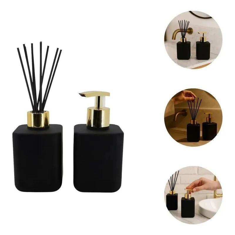 Kit Banheiro Lavabo Aromatizador De Ambiente E Sabon Dourado