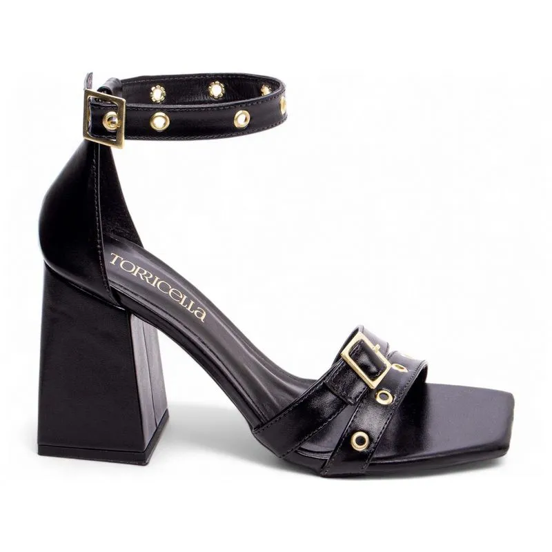 Sandália Feminina Salto Alto Grosso Bloco Bico Quadrado Ilhós 9cm Torricella