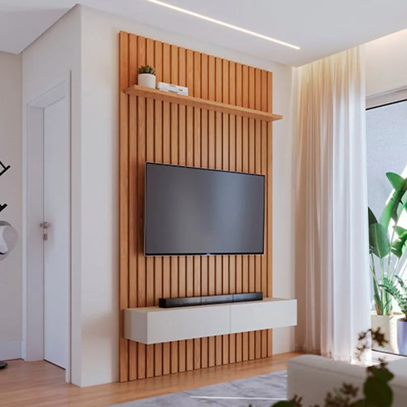 Conjunto Painel Ripado e Prateleira Funcional Freijo/Off White Matte