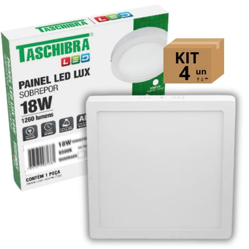 Kit 4un Painel Led Taschibra Sobrepor Quadrado 18w 3000K