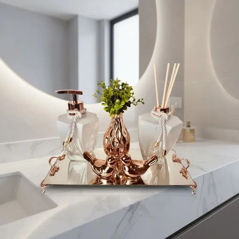 Kit Lavabo Rose Gold Branco 6 Peças Difusor Sabonete Rose Go