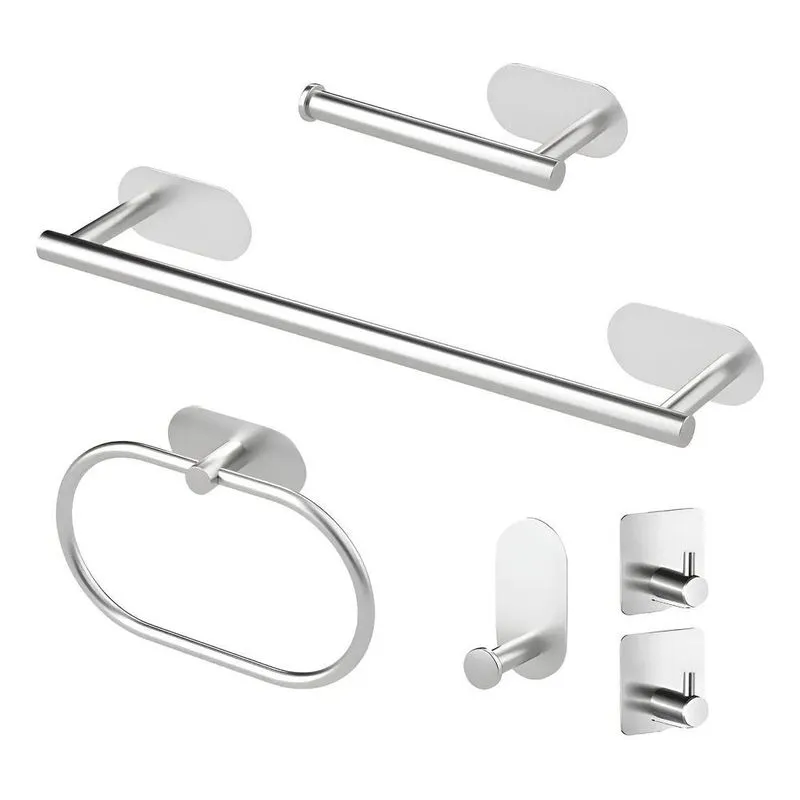 Kit Banheiro Aço Inox 6 Peças Fixação Adesiva 3m S Prateado