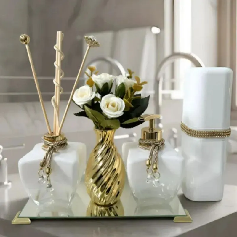 Kit Lavabo Luxo Dourado 6peças + Bandeja Espelhada Banheiro