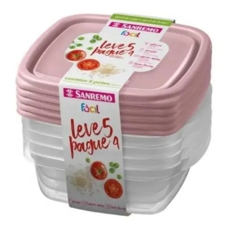 5x Jogo De Pote Plastico Sanremo 530ml Tampa Rosa