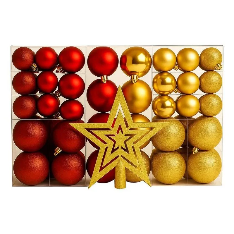 Kit C/100 Bolas De Natal Lis Dourado E Vermelho